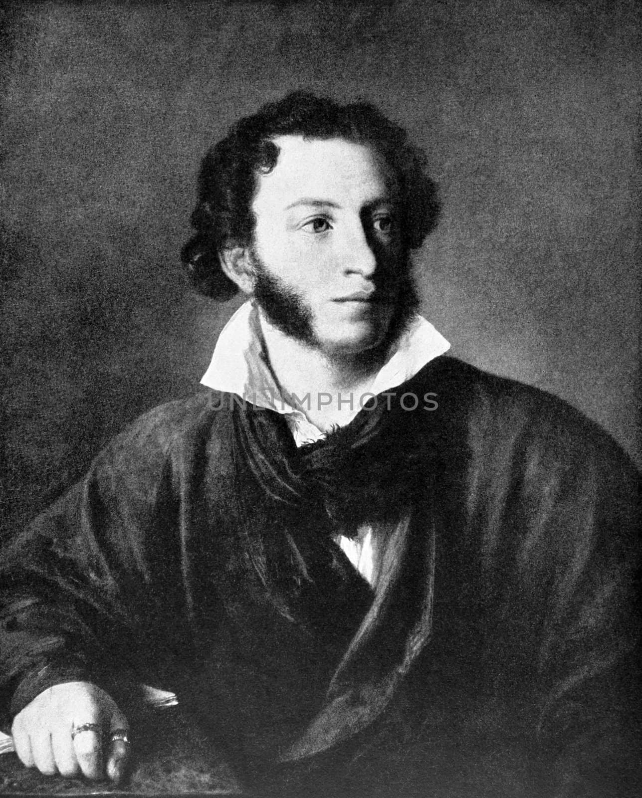 Alexander Pushkin (1799-1837) on antique print from 1899. One of the greatest Russian poets. After W.Tropinin and published in the 19th century in portraits, Germany, 1899.