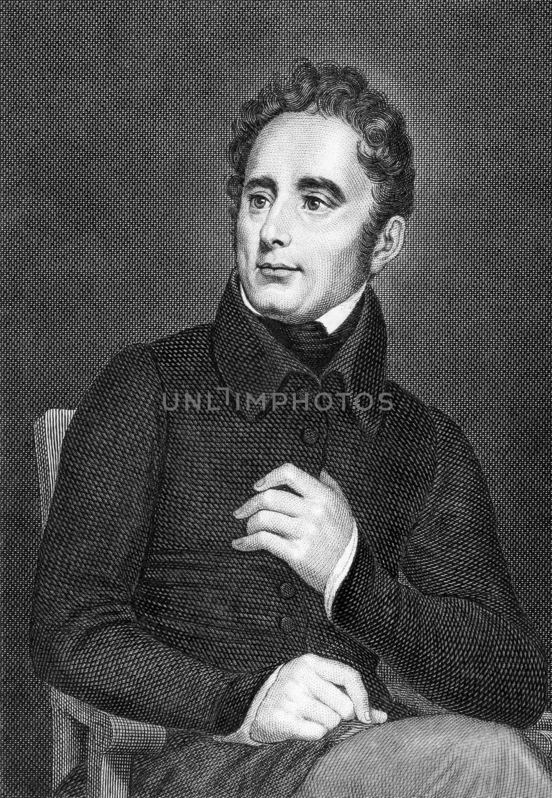 Alphonse de Lamartine (1790-1869) on engraving from 1859. French writer, poet and politician. Engraved by Kuhner and published in Meyers Konversations-Lexikon, Germany,1859.