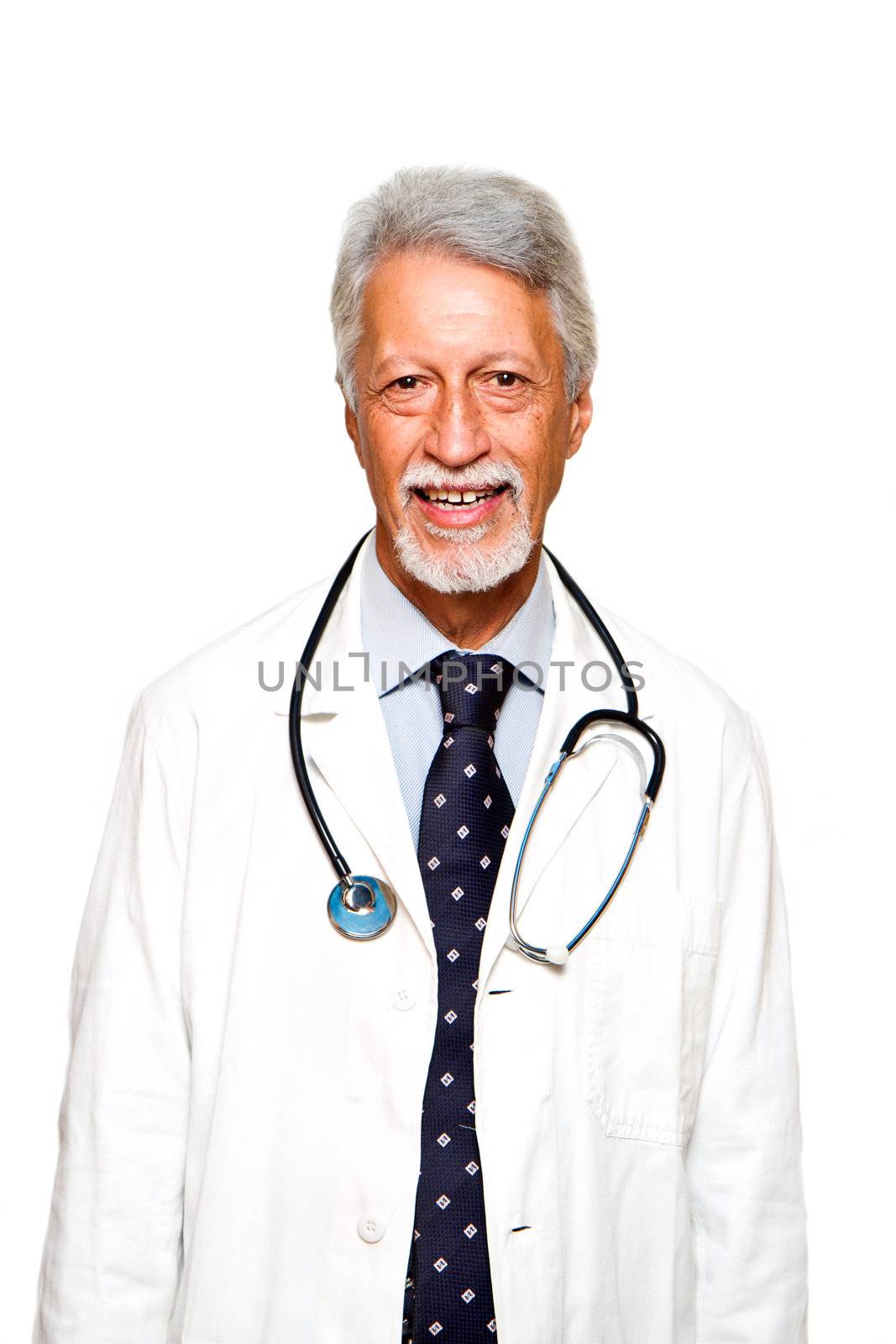 Portrait of happy senior doctor isolated on white background 
