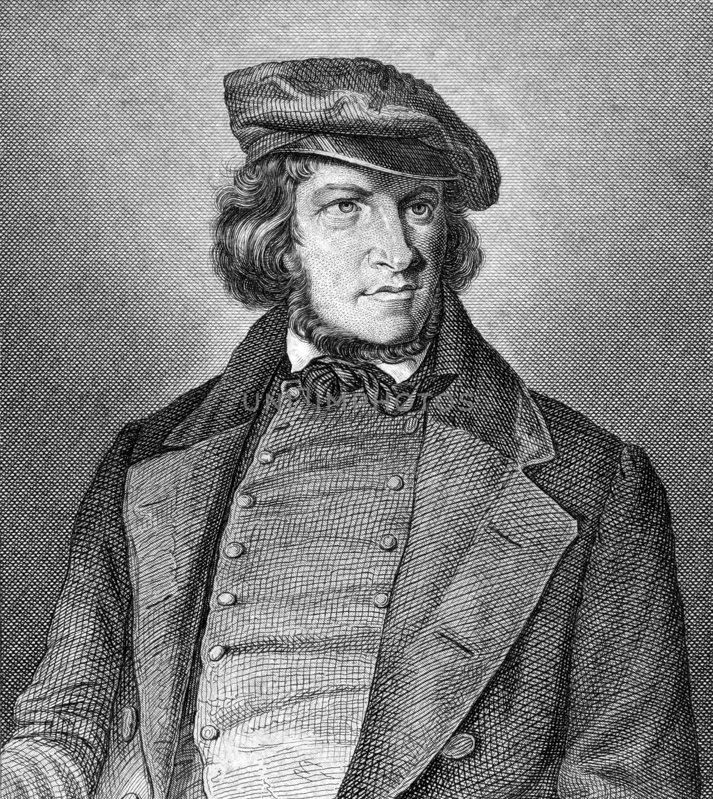 August Heinrich Hoffmann von Fallersleben (1798-1874) on engraving from 1859. German poet. Engraved by unknown artist and published in Meyers Konversations-Lexikon, Germany,1859.