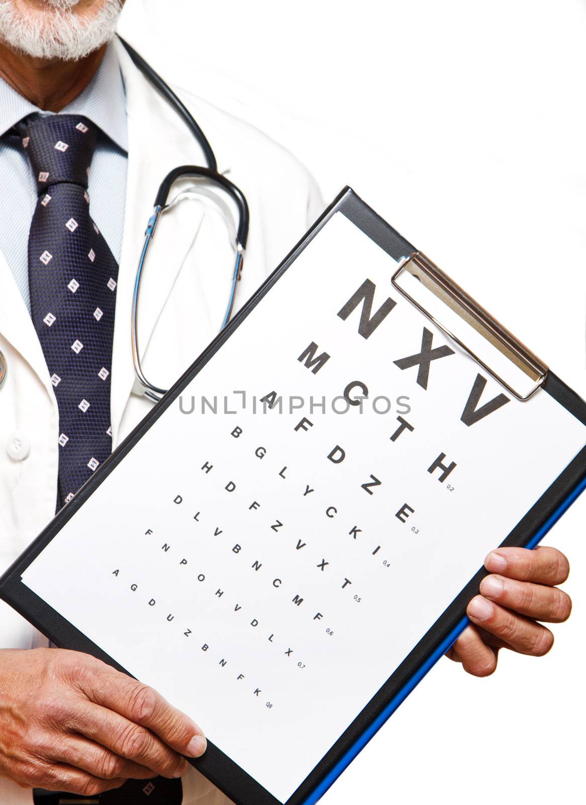 senior ophthalmologist on white background