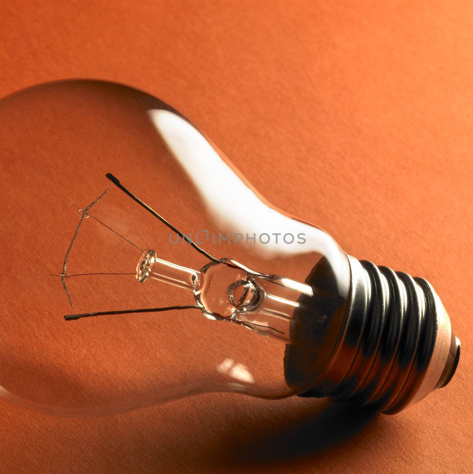 closeup studio photography of a clear light bulb in orange back