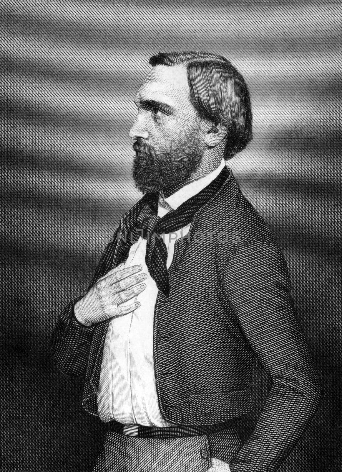 Gottfried Kinkel (1815-1882) on engraving from 1859.  German poet. Engraved by Kuhner and published in Meyers Konversations-Lexikon, Germany,1859.