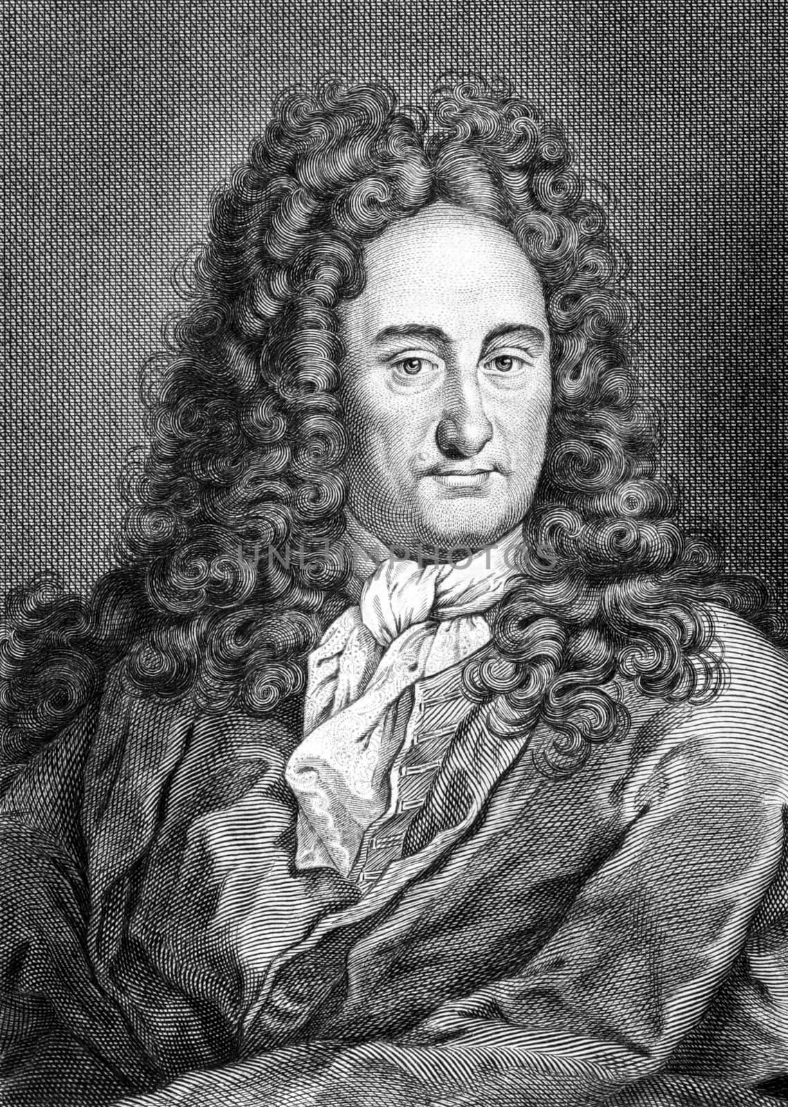 Gottfried Leibniz (1646-1716) on engraving from 1859. German mathematician and philosopher. Engraved by unknown artist and published in Meyers Konversations-Lexikon, Germany,1859.