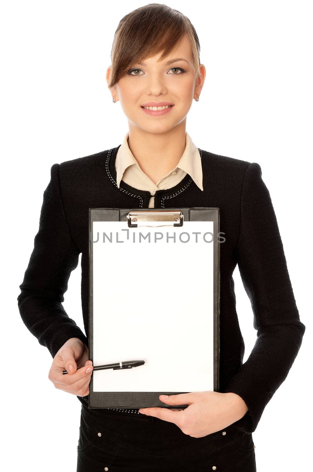 The manager with white blank paper in the hands making a presentation