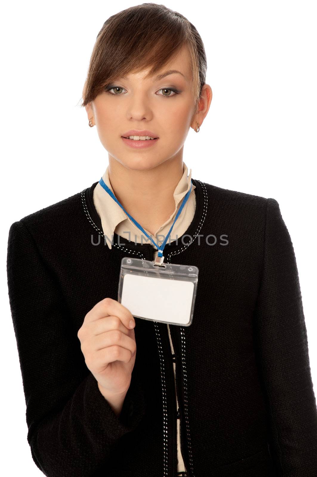 woman showing her badge at the entrance of meeting room