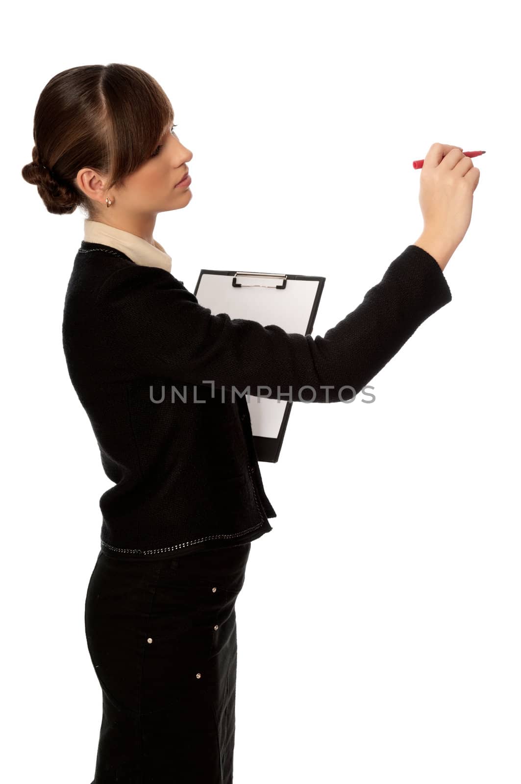 The manager with white blank paper in the hands making a presentation