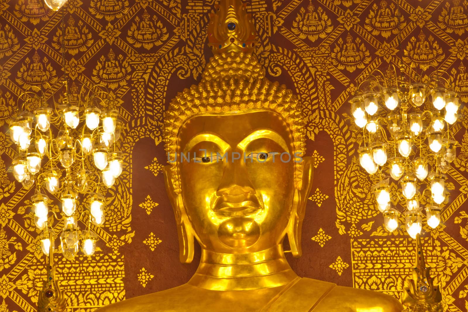 he golden Buddha statue in the church, Thailand