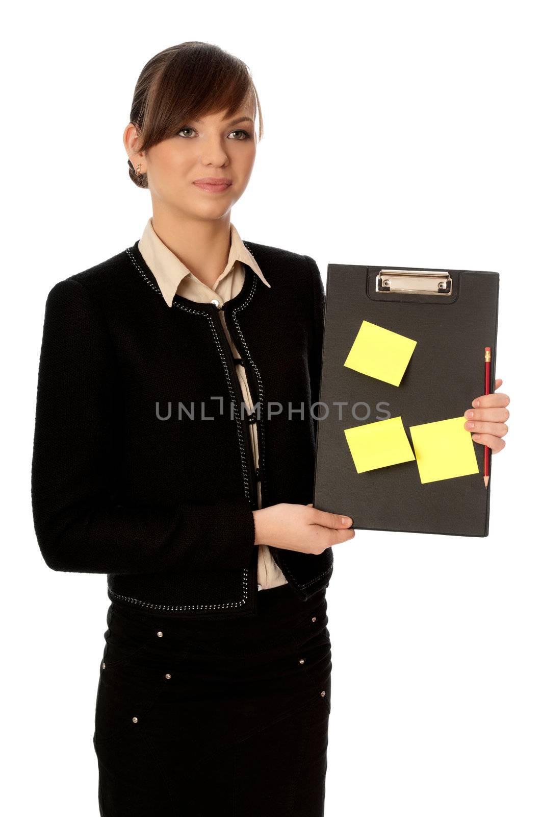 The office worker working in office and holding the document case with stickers in the hands