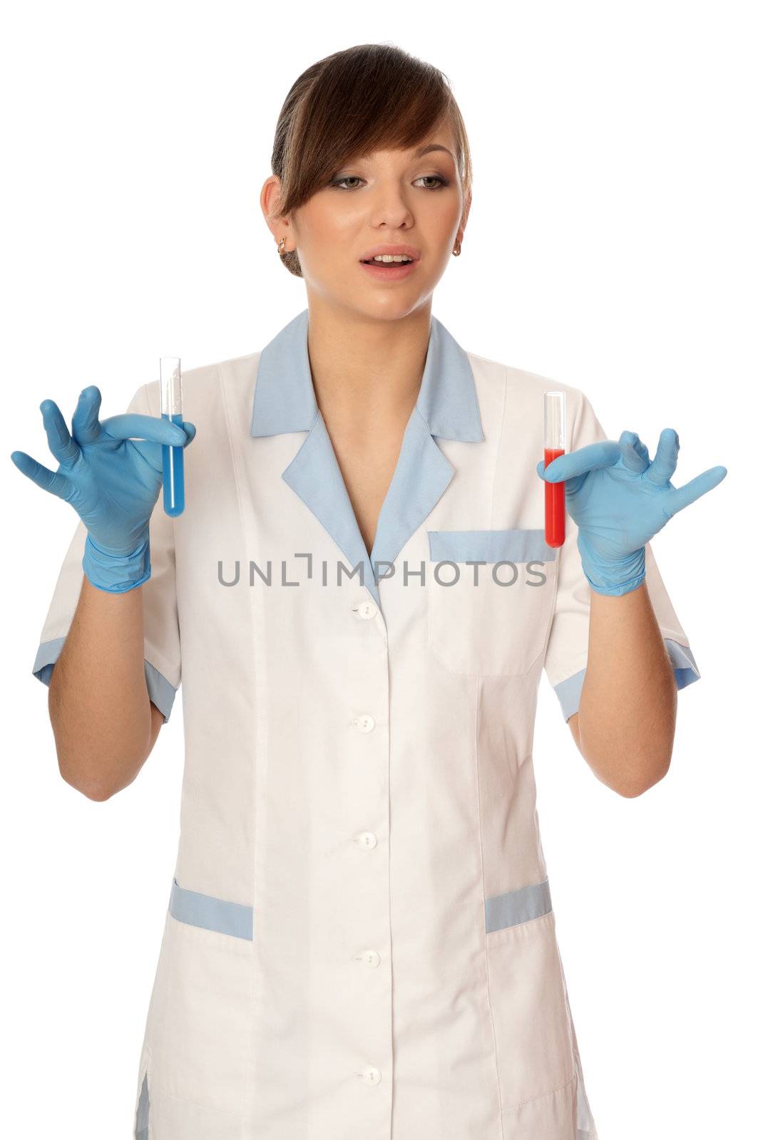 Doctor in blue gloves will be carry out research a samples of bloods at inhabitants of coast on availability of poisoning