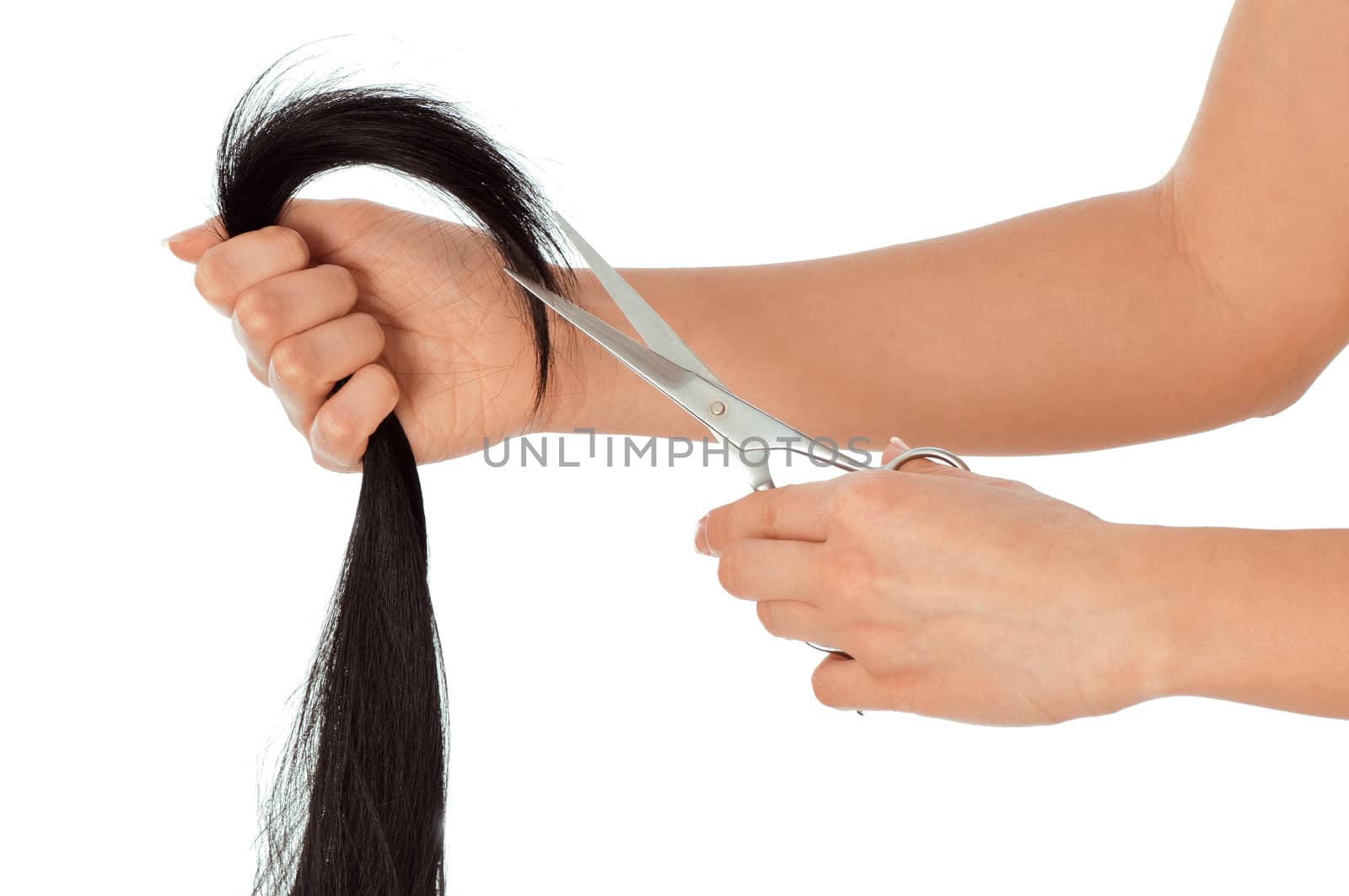 hairdresser cutting young woman with long black hair