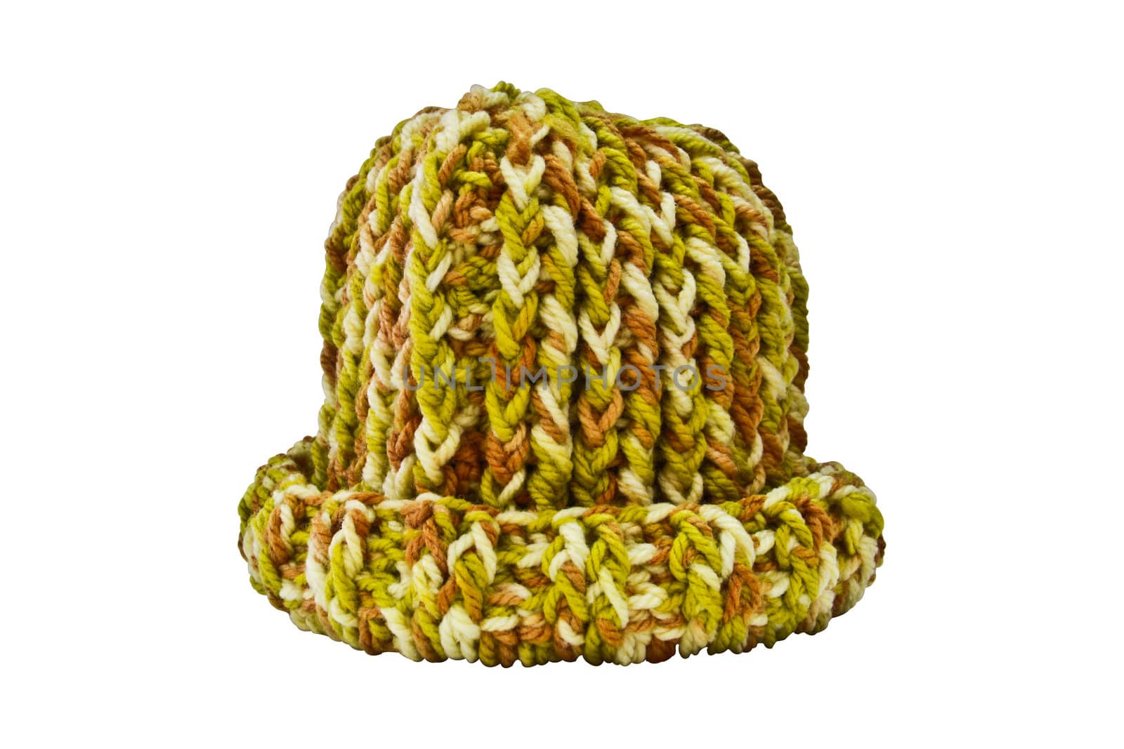 Multi-colored wool hat on a white background.