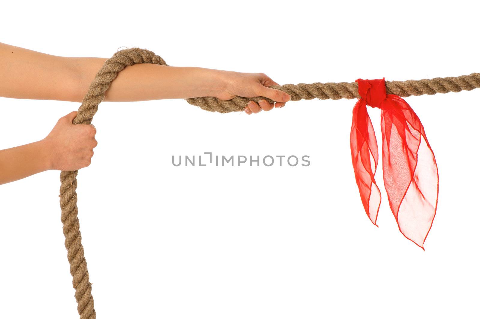The strong-willed woman plays of pulling of a rope and wins