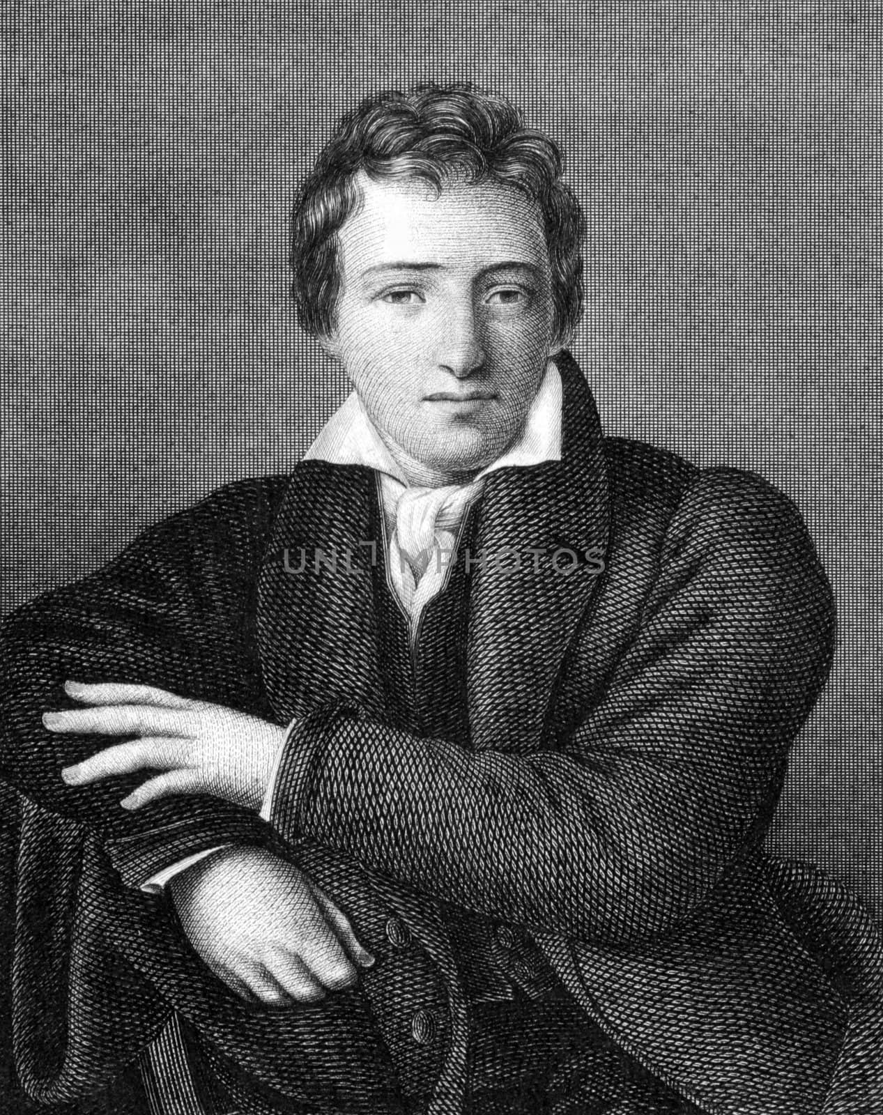 Heinrich Heine (1797-1856) on engraving from 1859. German poet. Engraved by unknown artist and published in Meyers Konversations-Lexikon, Germany,1859.
