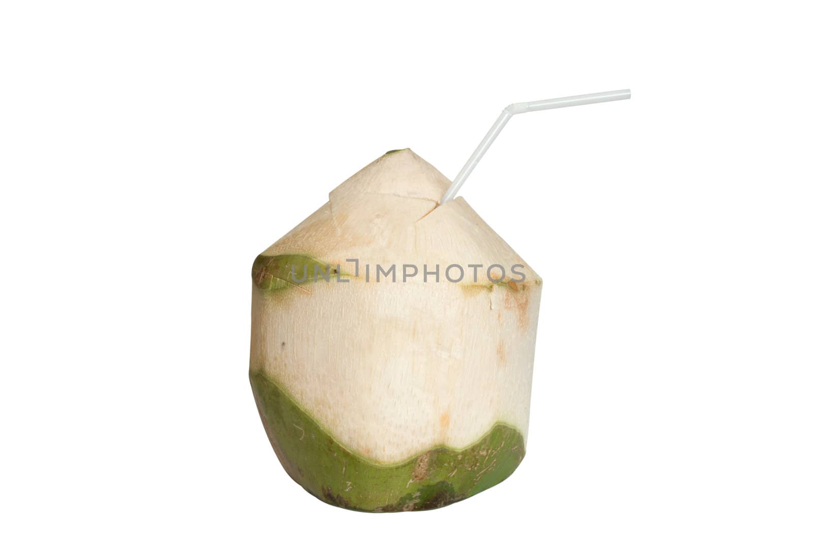 Coconut juice with straw On a white background.