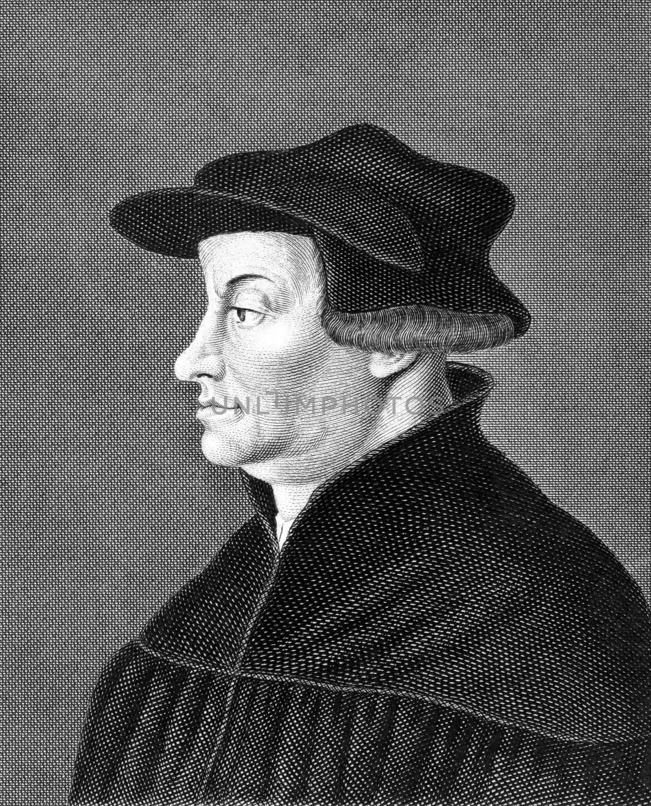 Huldrych Zwingli (1484-1531) on engraving from 1859. Leader of the Reformation in Switzerland. Engraved by unknown artist and published in Meyers Konversations-Lexikon, Germany,1859.