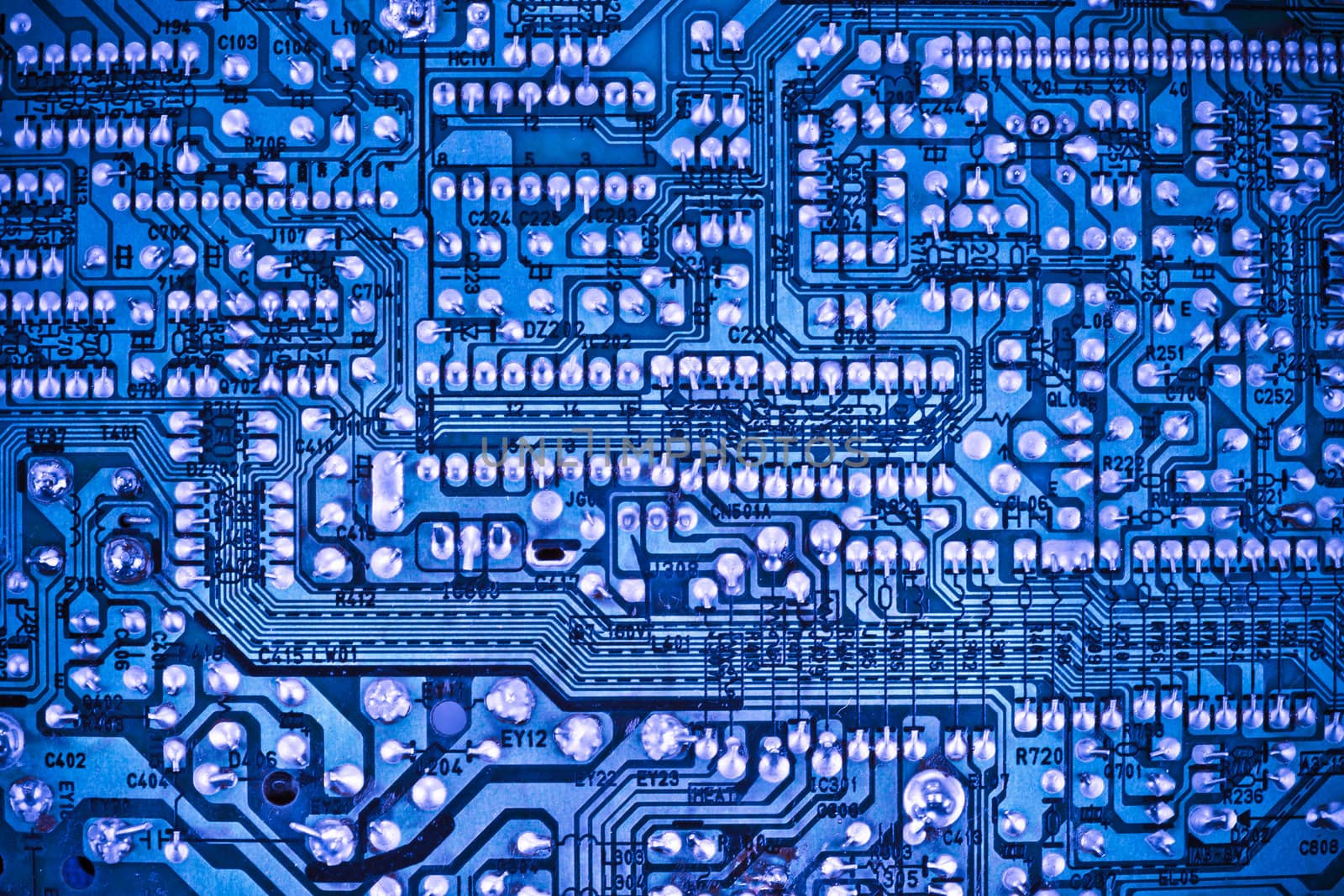 closeup of the blue electronic circuit board