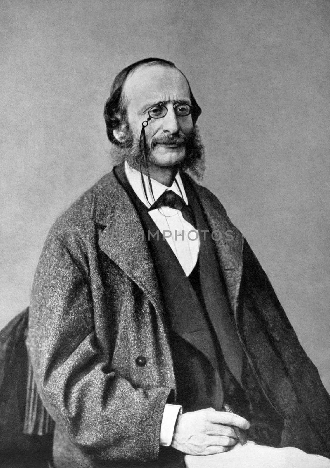 Jacques Offenbach (1819-1880) on antique print from 1899. German-born French composer, cellist and impresario of the romantic period. After Nadar and published in the 19th century in portraits, Germany, 1899.