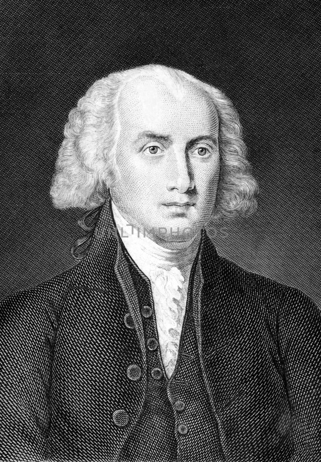 James Madison (1751-1836) on engraving from 1859. Fourth President of the United States during 1809–1817. Engraved by unknown artist and published in Meyers Konversations-Lexikon, Germany,1859.