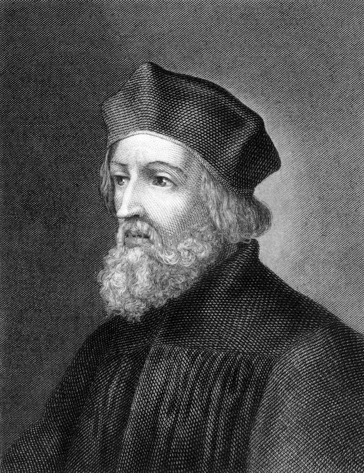 Jan Hus (1369-1415) on engraving from 1859.  Czech priest, philosopher, reformer and master at Charles University in Prague. Engraved by Holbein and published in Meyers Konversations-Lexikon, Germany,1859.