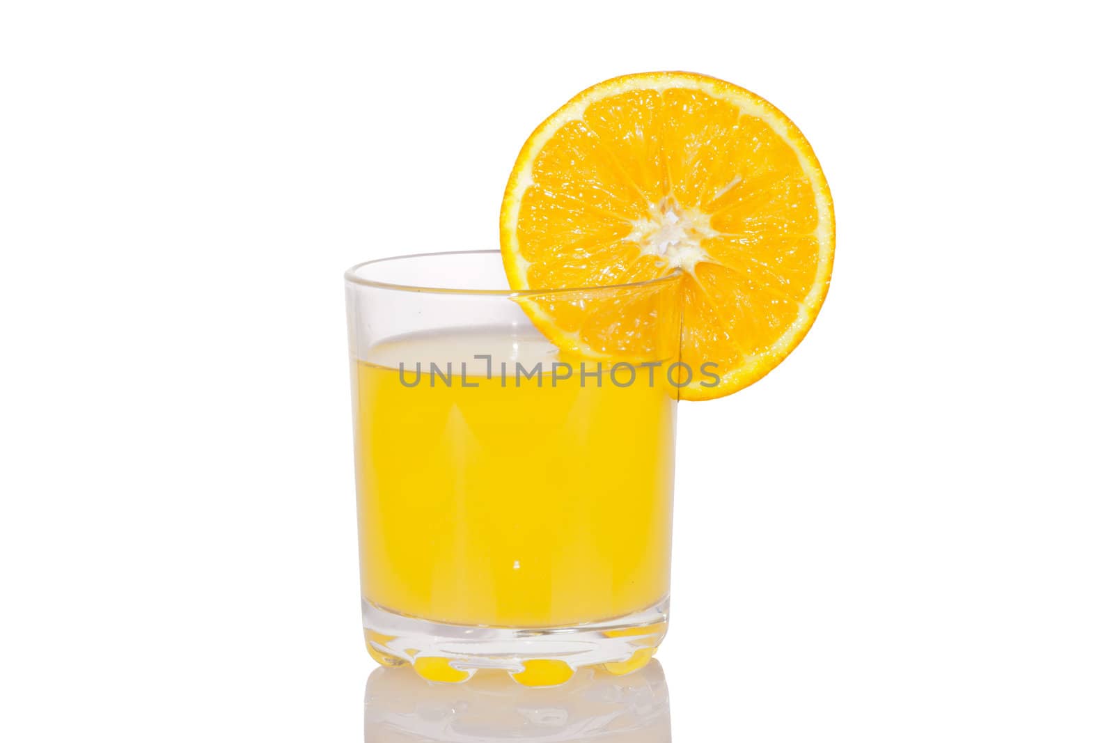 Fresh orange juice with orange slices isolated on white background