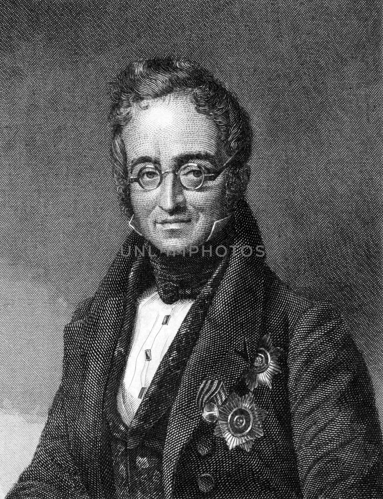 Karl Nesselrode (1780-1862) on engraving from 1859.  Russian diplomat and a leading European conservative statesman of the Holy Alliance. Engraved by F.Lehmann and published in Meyers Konversations-Lexikon, Germany,1859.