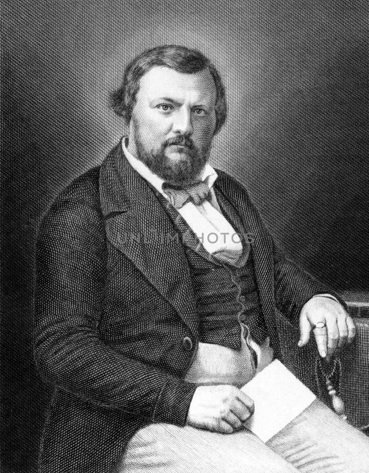 Karl Vogt (1817-1895) on engraving from 1859. German scientist. Engraved by T.Kuhner and published in Meyers Konversations-Lexikon, Germany,1859.