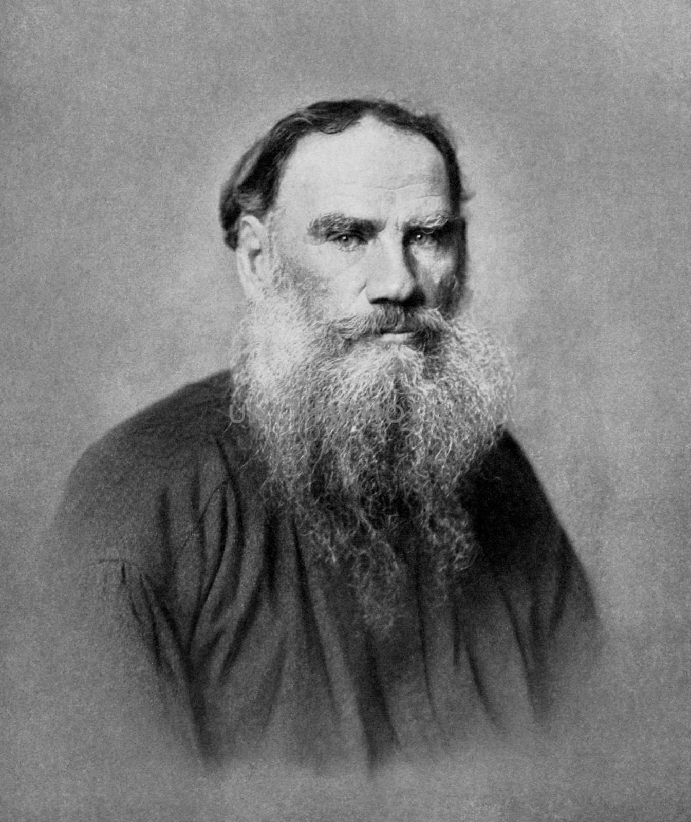 Leo Tolstoy (1828-1910) on antique print from 1899. Russian writer. After unknown artist and published in the 19th century in portraits, Germany, 1899.