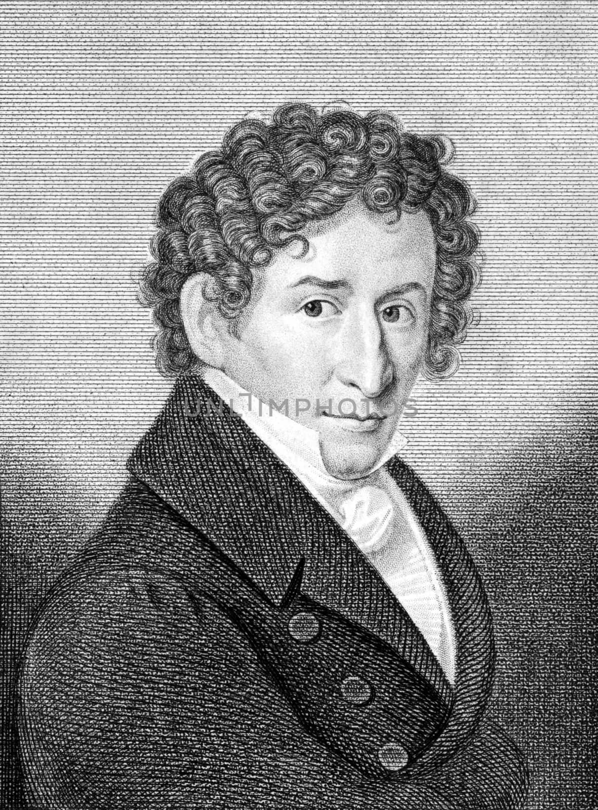 Ludwig Devrient (1784-1832) on engraving from 1859. German actor. Engraved by unknown artist and published in Meyers Konversations-Lexikon, Germany,1859.