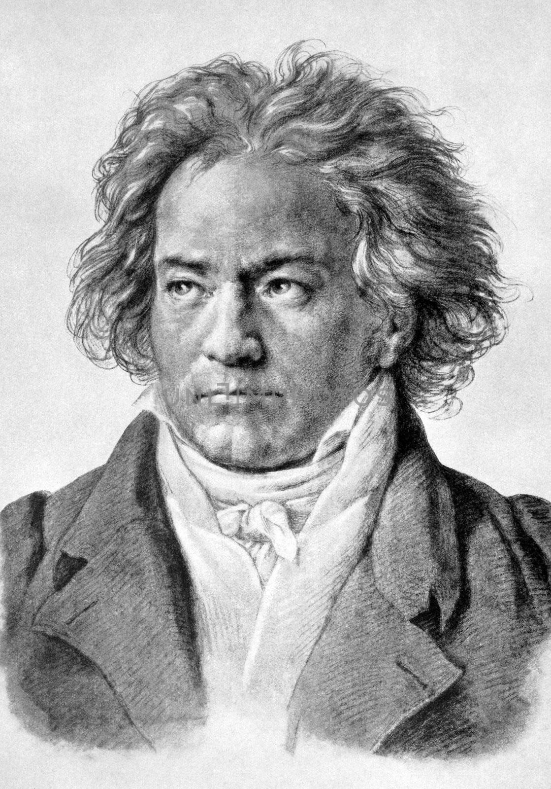 Ludwig van Beethoven (1770-1827) on antique print from 1898. German composer and pianist, one of the most famous and influential of all times. After Klober and published in the 19th century in portraits, Germany, 1898.