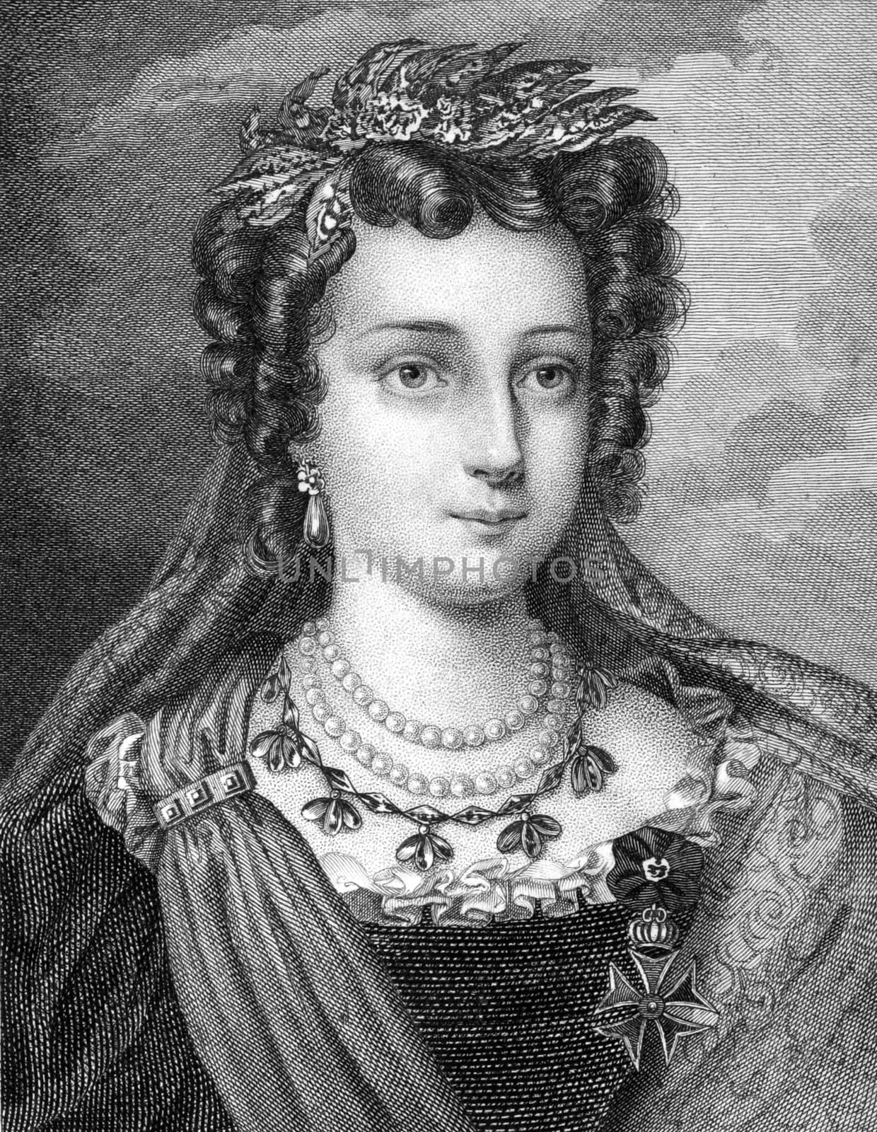 Maria II of Portugal (1819-1853) on engraving from 1859.  Queen regnant of Portugal during 1826-1828 and 1834- 1853. Engraved by unknown artist and published in Meyers Konversations-Lexikon, Germany,1859.
