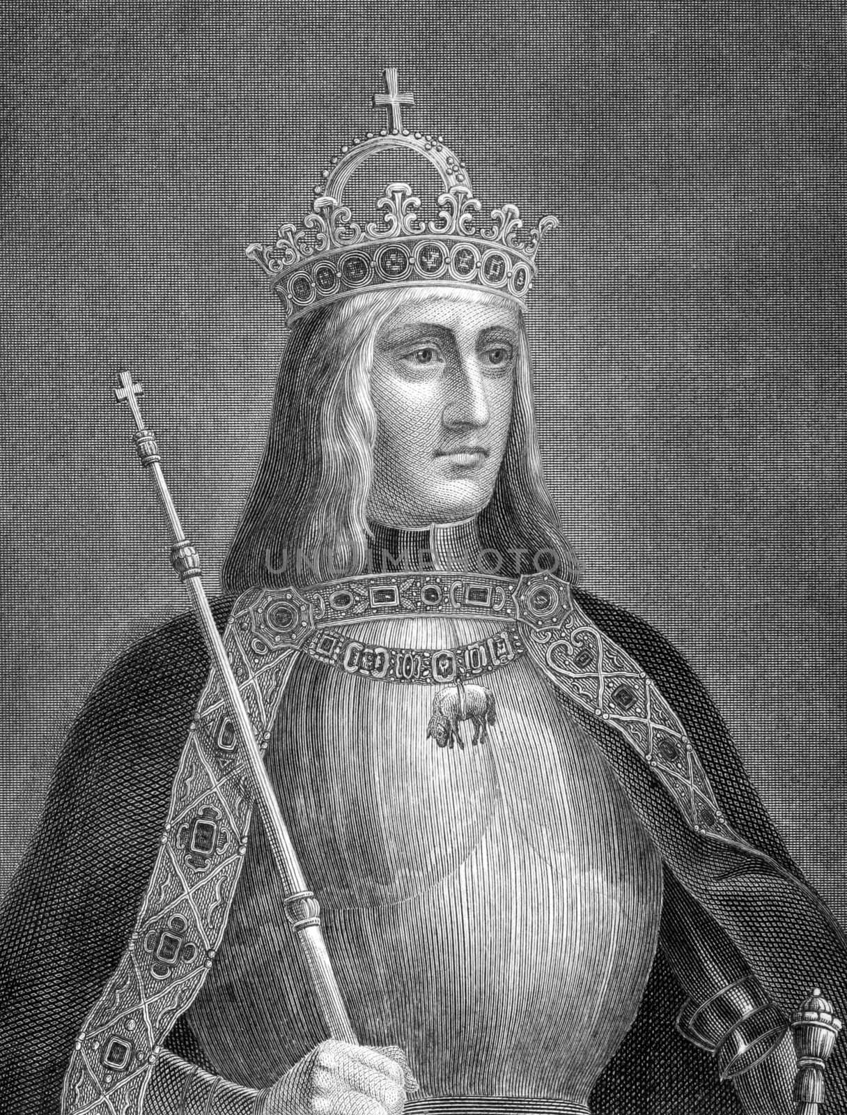 Maximilian I, Holy Roman Emperor (1459-1519) on engraving from 1859. Holy Roman Emperor during 1493-1519. Engraved by C.Deucker and published in Meyers Konversations-Lexikon, Germany,1859.