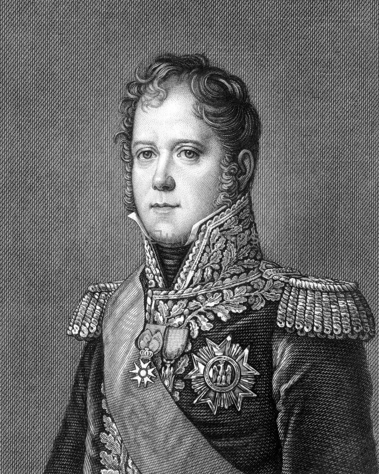 Michel Ney (1769-1815) on engraving from 1859. French soldier and military commander during the French Revolutionary Wars and the Napoleonic Wars. Engraved by unknown artist and published in Meyers Konversations-Lexikon, Germany,1859.