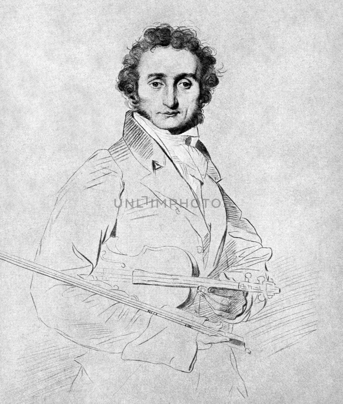 Niccolo Paganini (1782-1840) on antique print from 1899. Italian violinist, violist, guitarist and composer. After Calamatta and published in the 19th century in portraits, Germany, 1899.