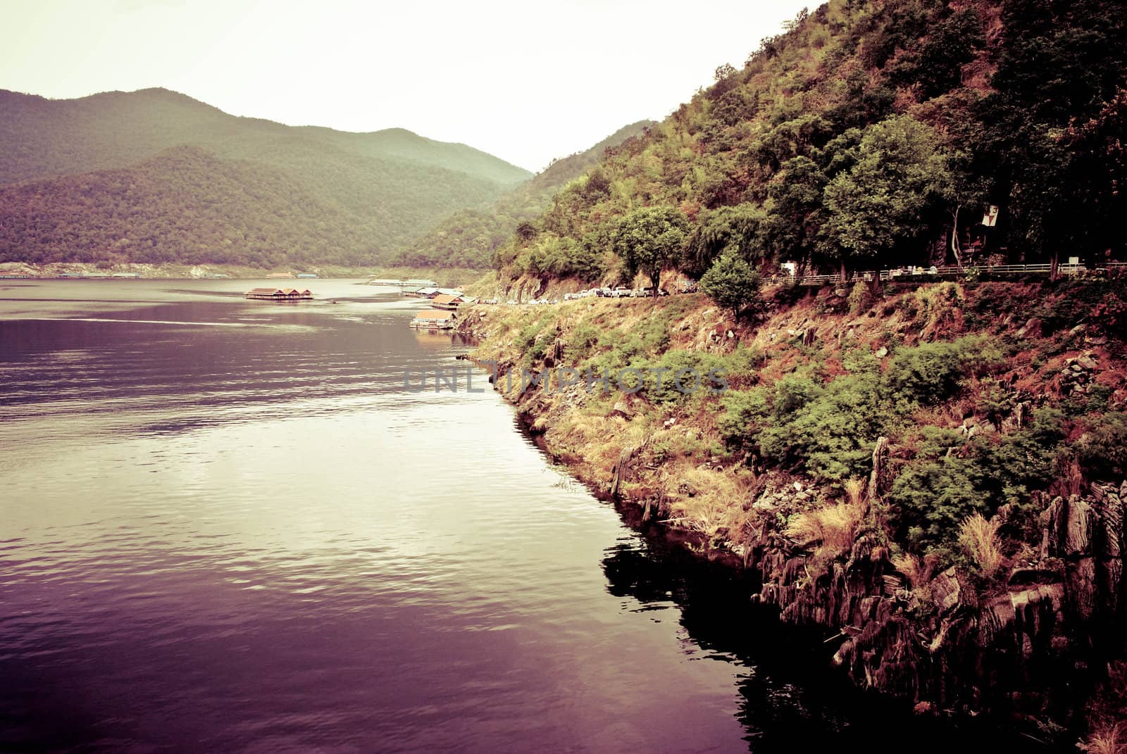 Large electric power dam in valley of western Thailand