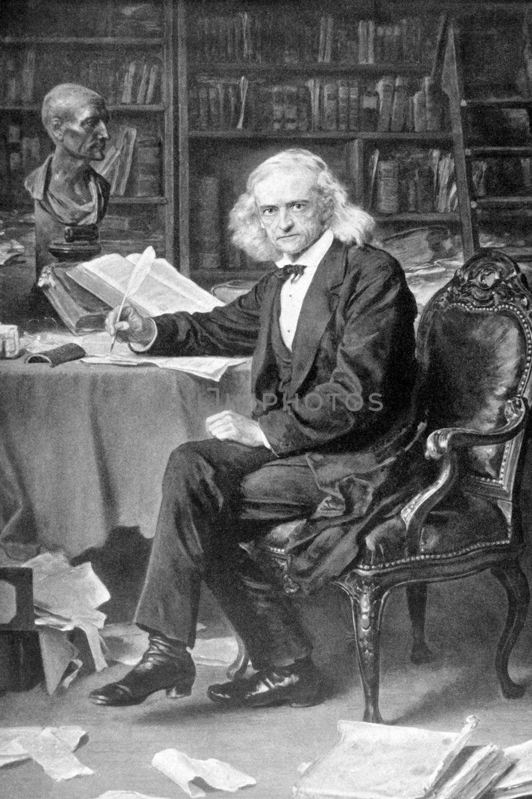 Theodor Mommsen (1817-1903) on antique print from 1898. German classical scholar, historian, jurist, journalist, politician, archaeologist and writer. After L.Knaus and published in the 19th century in portraits, Germany, 1898.