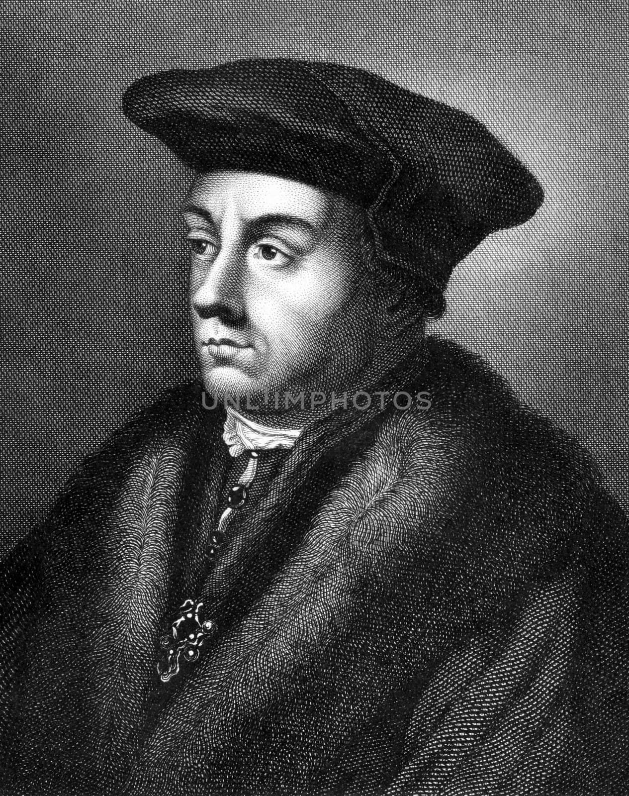 Thomas Cromwell (1485-1540) on engraving from 1859.  English statesman that served as chief minister of King Henry VIII during 1532-1540. Engraved by unknown artist and published in Meyers Konversations-Lexikon, Germany,1859.