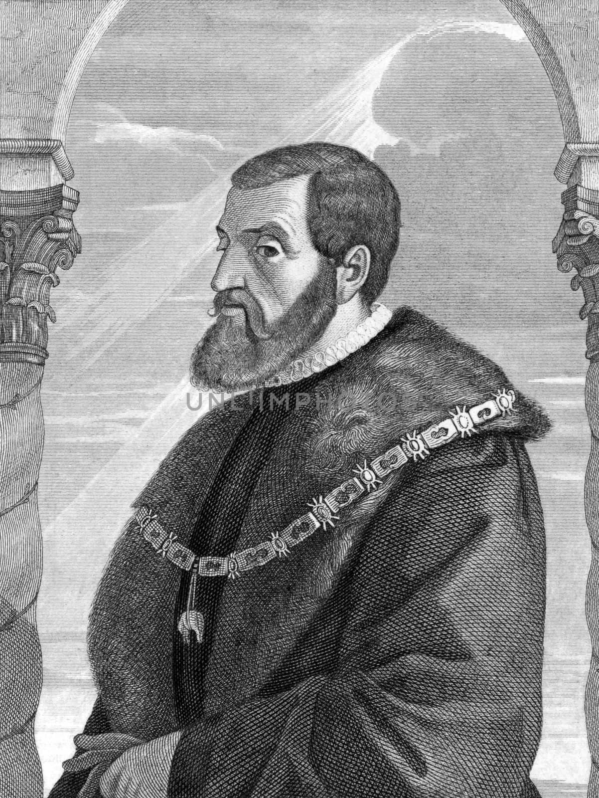 Charles V, Holy Roman Emperor (1500-1558) on engraving from 1859. Emperor of the Holy Roman Empire. Engraved by C.Muller and published in Meyers Konversations-Lexikon, Germany,1859.