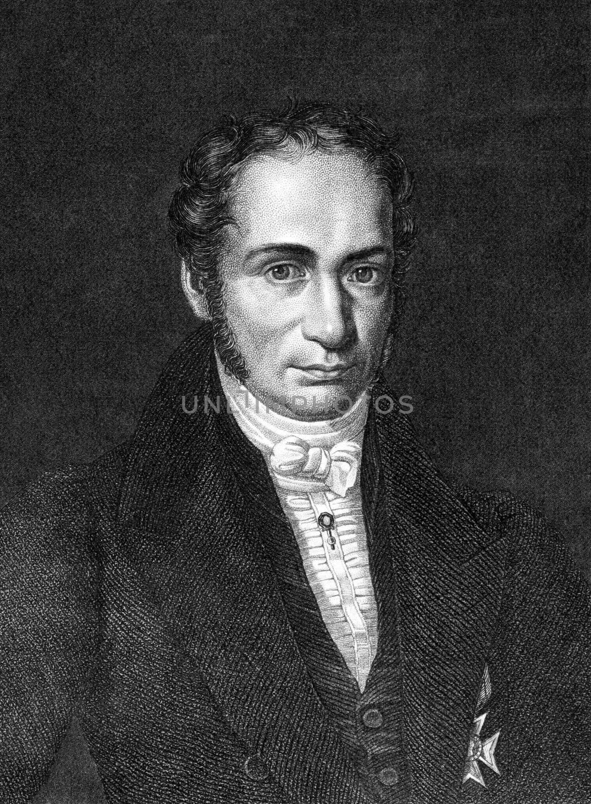Ernst-Wilhelm Arnoldi (1778-1841) on engraving from 1859. German merchant from Gotha and father of the German insurance industry. Engraved by unknown artist and published in Meyers Konversations-Lexikon, Germany,1859.