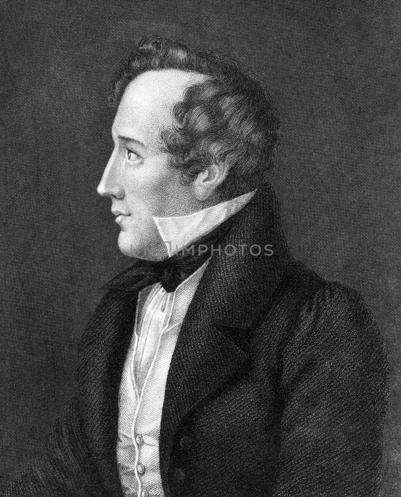 Felix Mendelssohn (1809-1847) on engraving from 1859. German composer, pianist, organist and conductor of the early Romantic period. Engraved by C.Mayer and published in Meyers Konversations-Lexikon, Germany,1859.