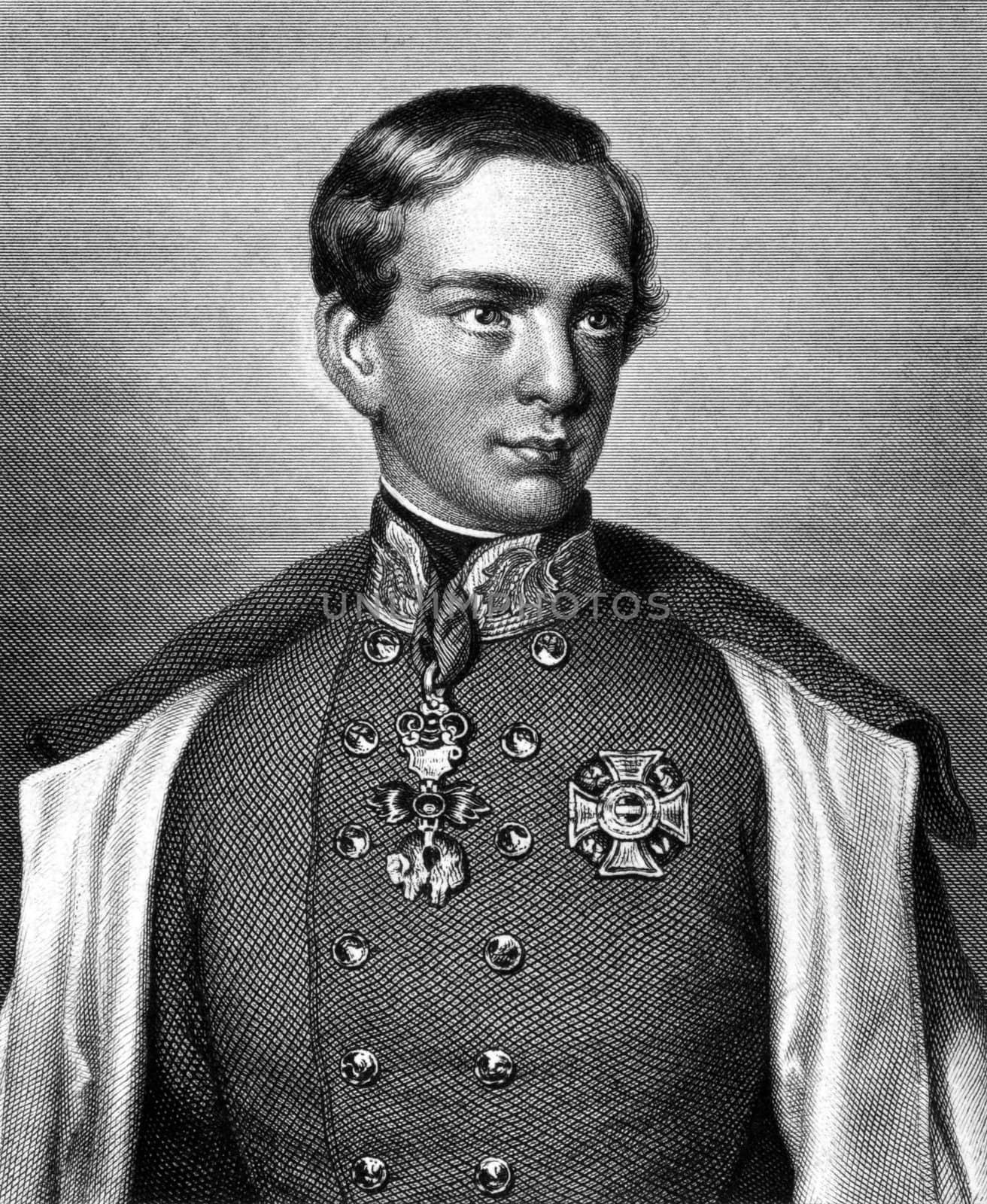 Franz Joseph I of Austria (1830-1916) on engraving from 1859. Emperor of Austria. Engraved by unknown artist and published in Meyers Konversations-Lexikon, Germany,1859.