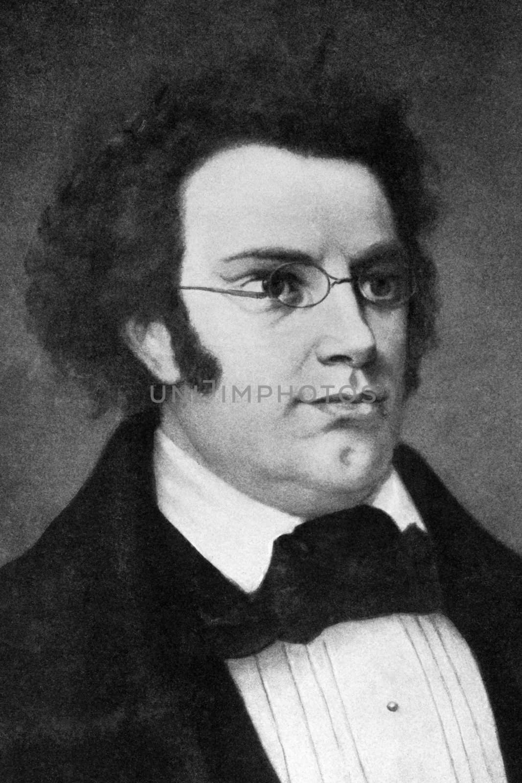 Franz Schubert (1797-1828) on engraving from 1908. Austrian composer. Engraved by unknown artist and published in "The world's best music, famous songs. Volume 6", by The University Society, New York,1908.