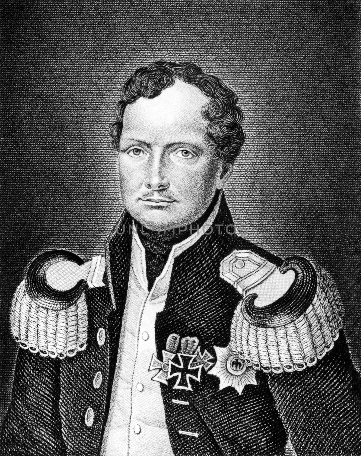 Frederick William III (1770-1840) on engraving from 1859. King of Prussia during 1797-1840. Engraved by Nordheim and published in Meyers Konversations-Lexikon, Germany,1859.