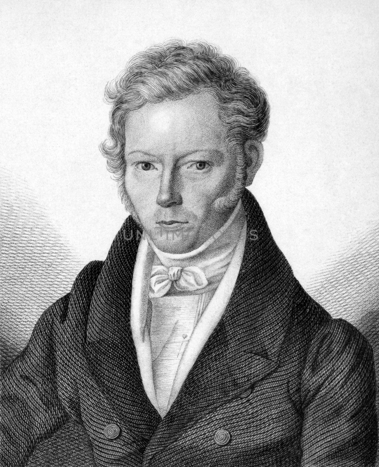 Friedrich Gottlieb Welcker (1784-1868) on engraving from 1859. German classical philologist and archaeologist. Engraved by Nordheim and published in Meyers Konversations-Lexikon, Germany,1859.