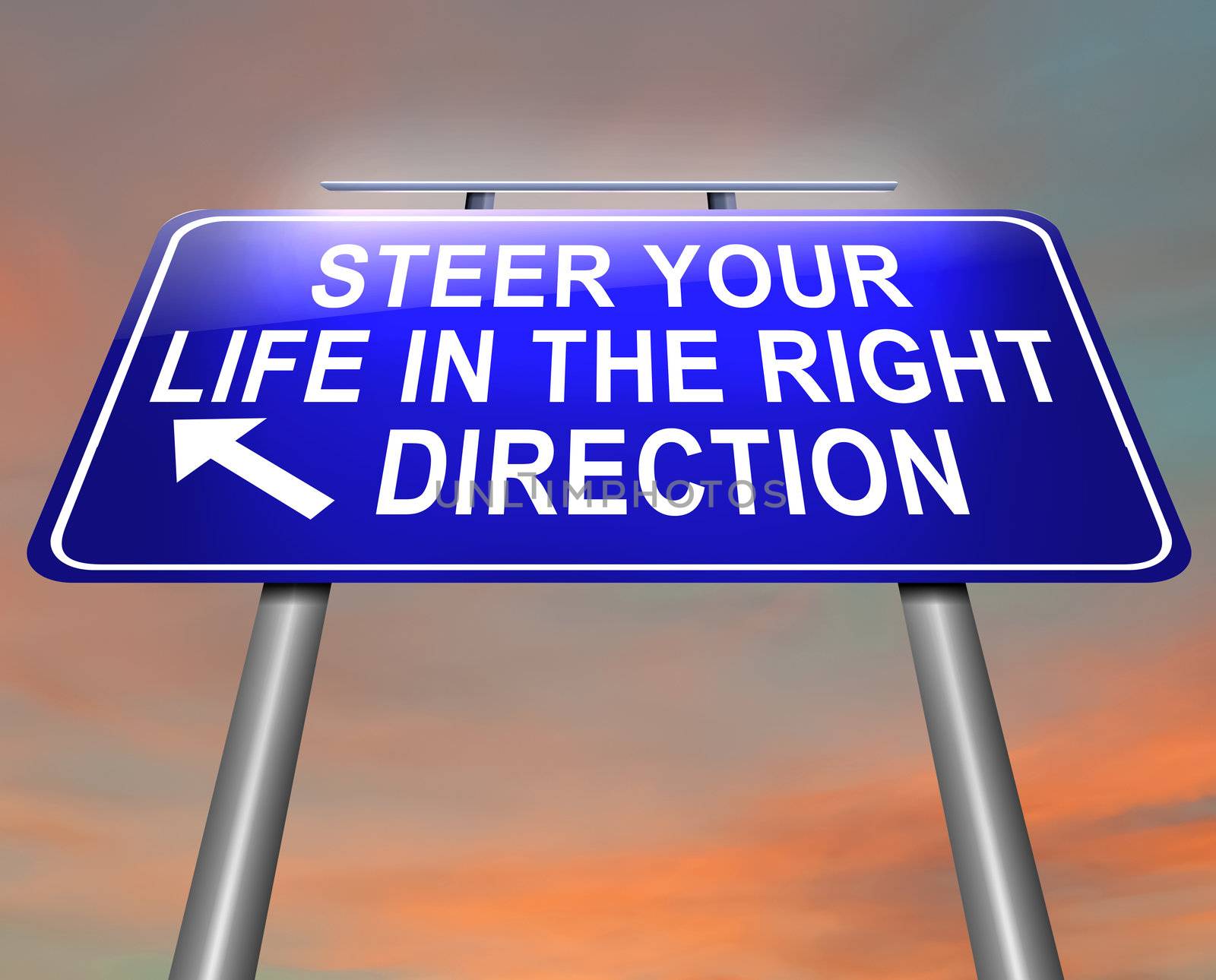 Illustration depicting an illuminated roadsign with a life direction concept. Dusk sky background.