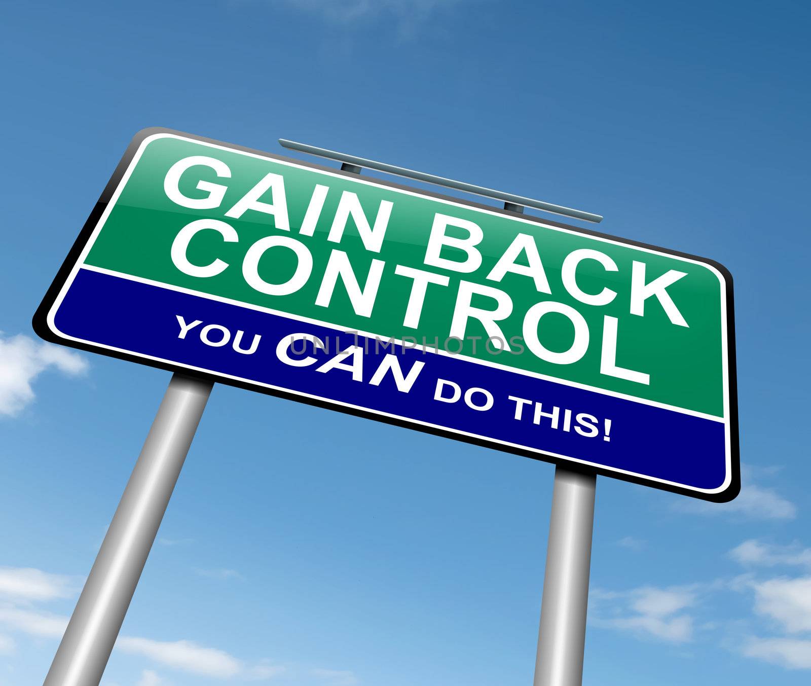 Illustration depicting a roadsign with a control concept. Sky background.
