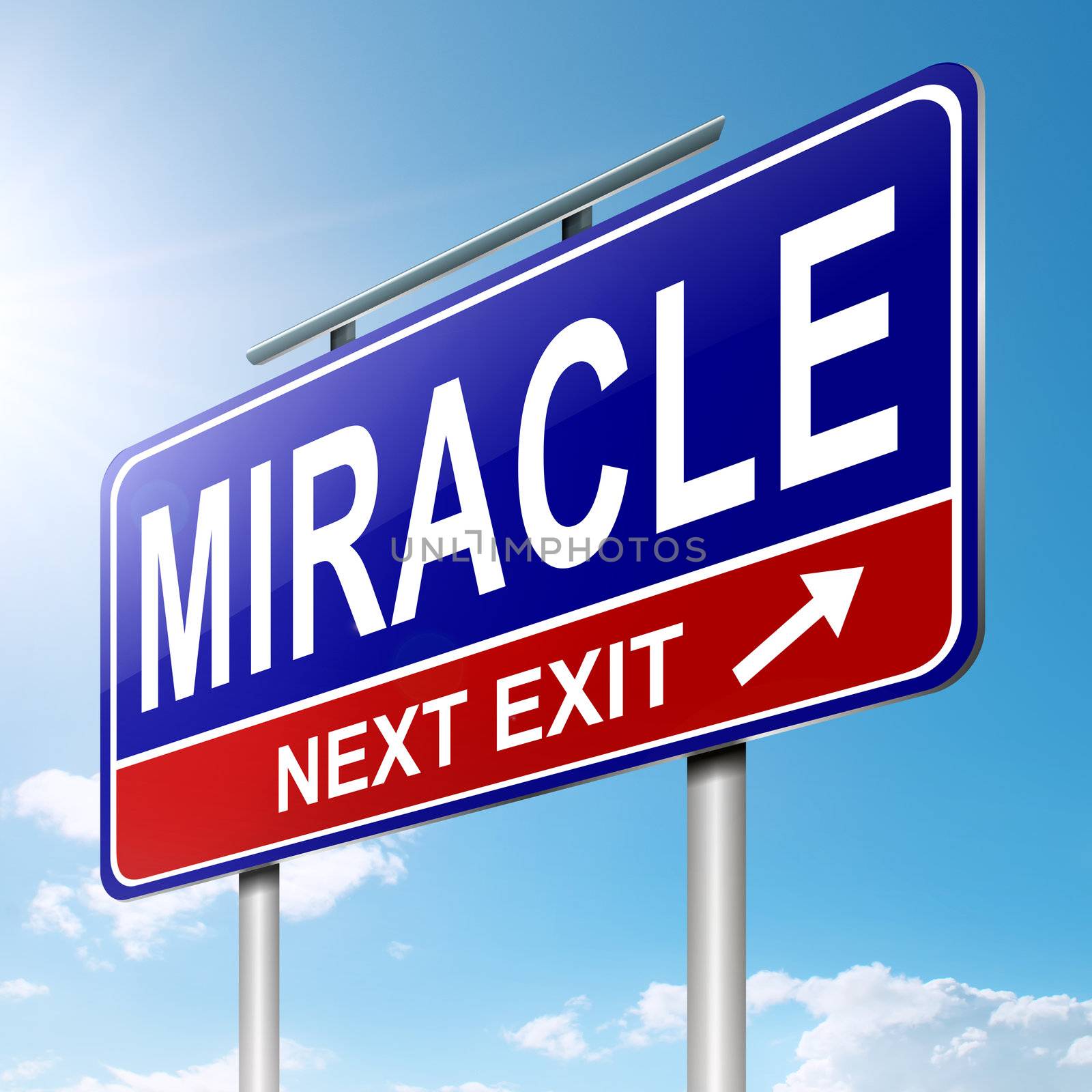 Illustration depicting a roadsign with a miracle concept. Sky background.