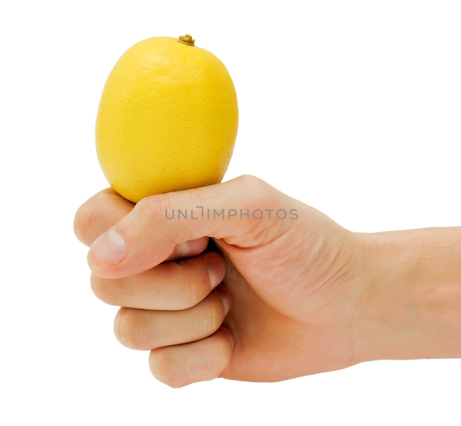 man's hand holding a lemon isolated on a white background