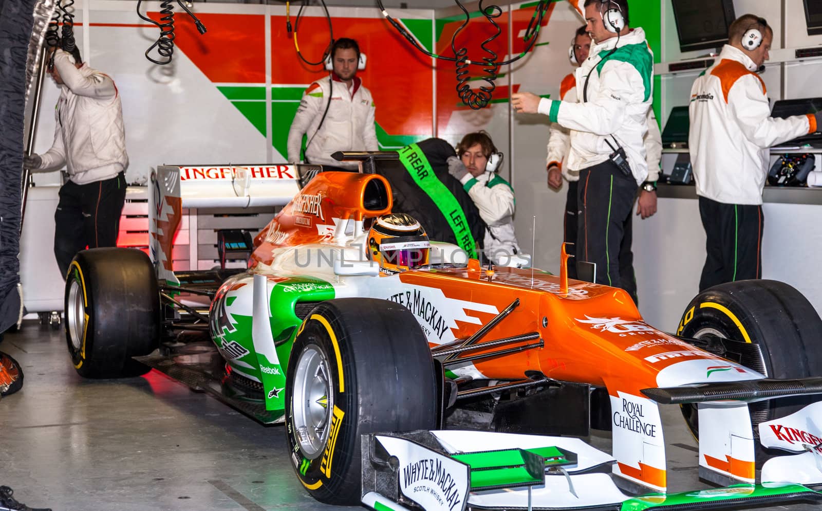 JEREZ DE LA FRONTERA, SPAIN - FEB 10: Nico Hülkenberg of Force India F1 waiting on pit on training session on February 10 , 2012, in Jerez de la Frontera , Spain