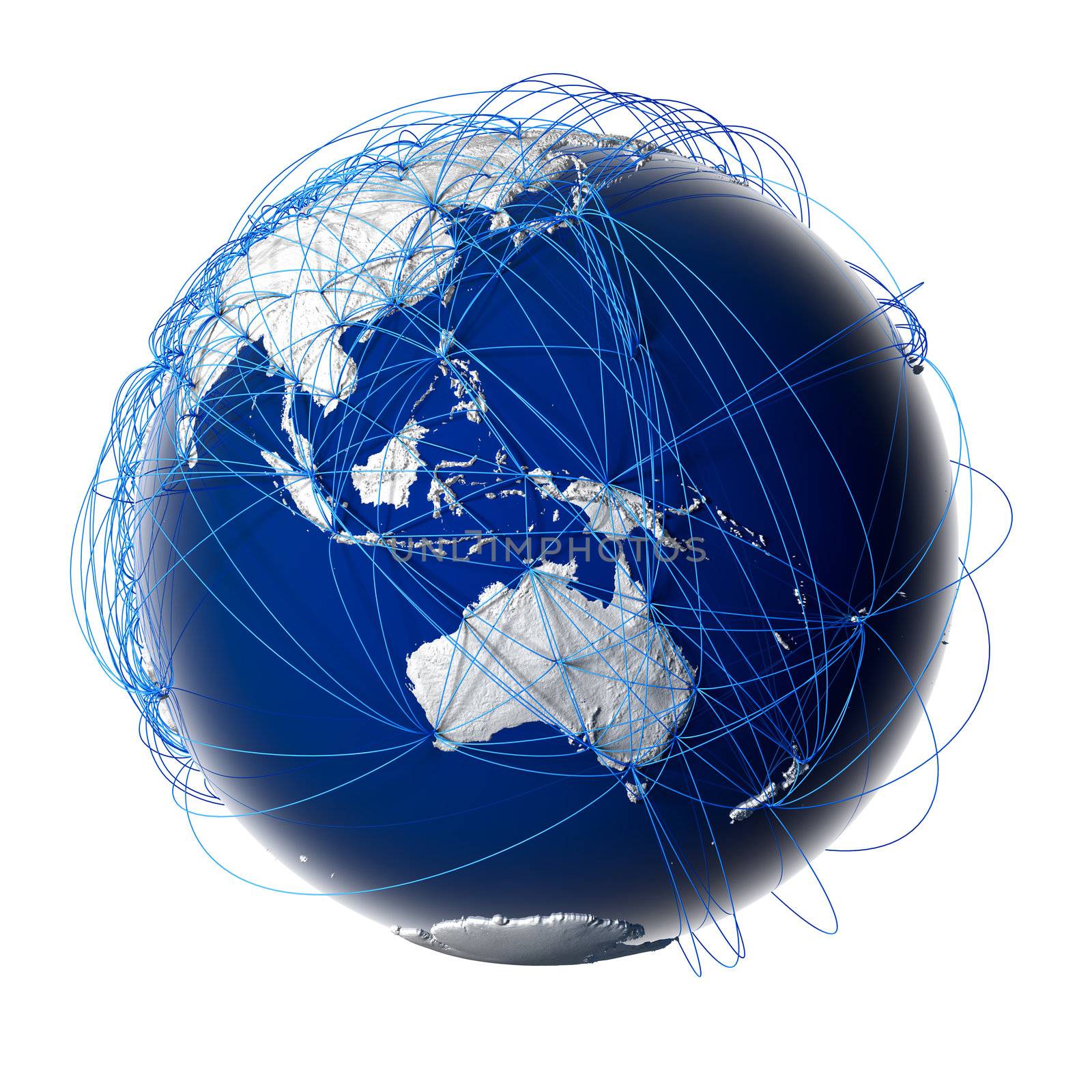 Earth with relief stylized continents surrounded by a wired network, symbolizing the world aviation traffic, which is based on real data on the carriage of passengers and flight directions. Isolated on white